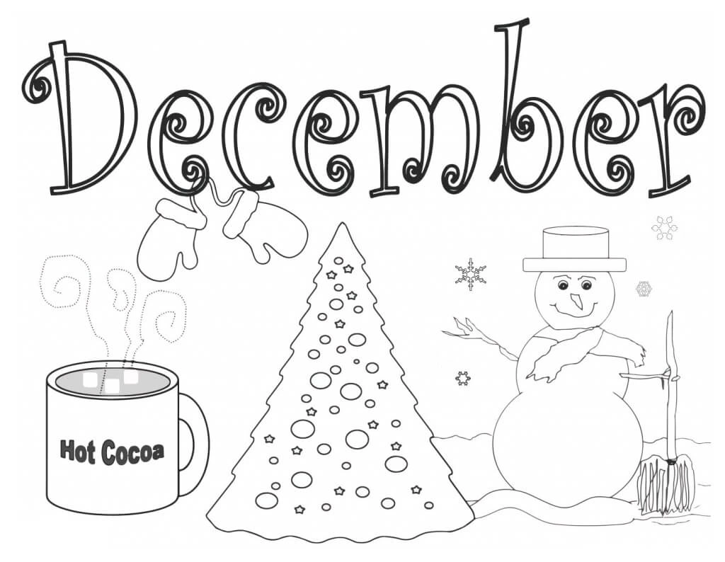 Christmas tree and snowman welcome December coloring page